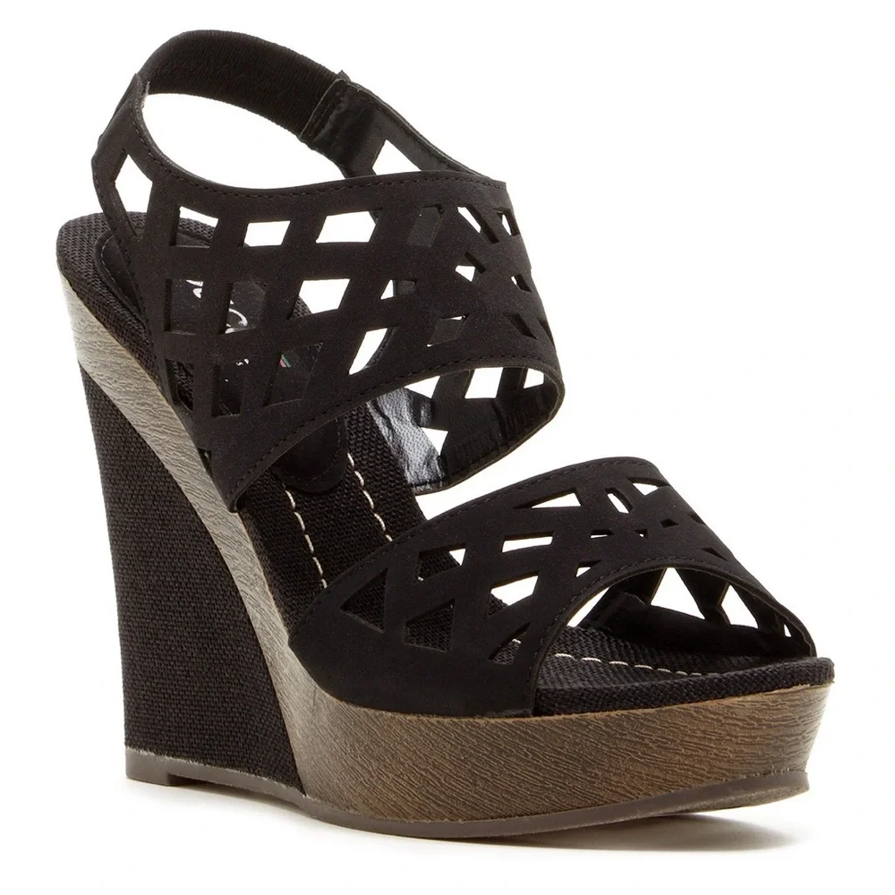 Bucco Serenas Wedge Sandal Black 9 Laser Cut Straw Heel Platform